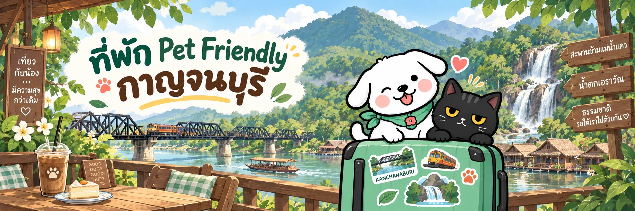 ที่พัก Pet Friendly กาญจนบุรี ภาพน้องหมาและน้องแมวออกทริปท่ามกลางบรรยากาศกาญจนบุรี