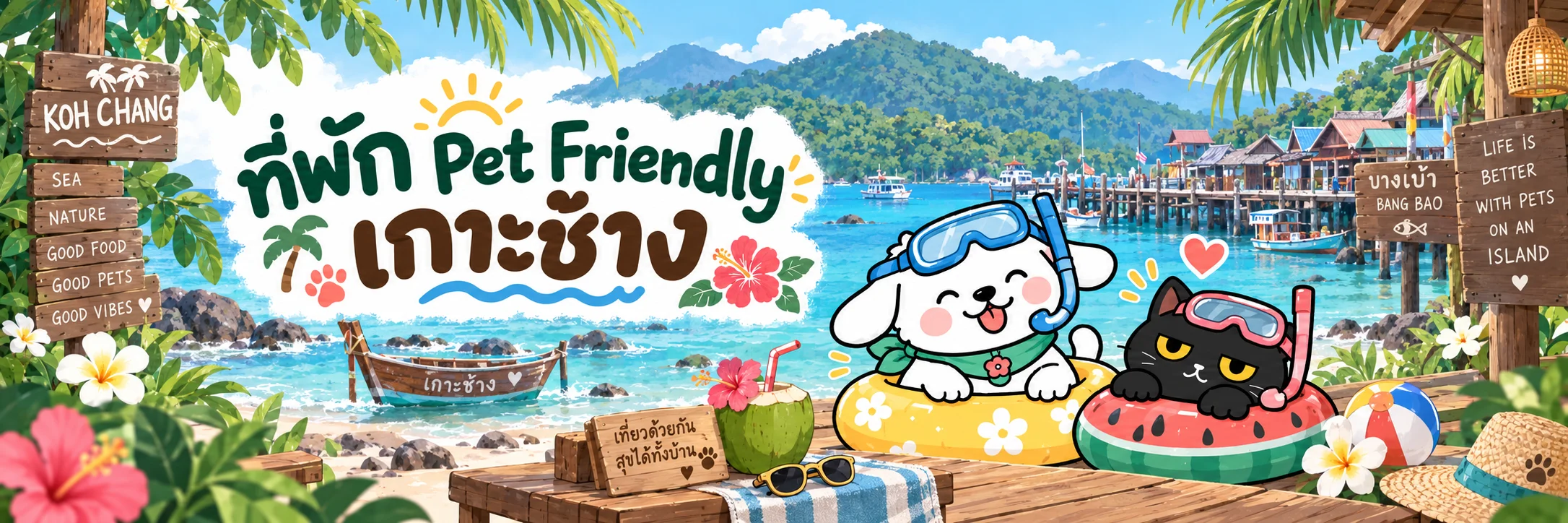 ที่พัก Pet Friendly เกาะช้าง ภาพน้องหมาและน้องแมวออกทริปท่ามกลางบรรยากาศเกาะช้าง