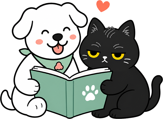 น้องหมาและน้องแมวอ่านหนังสือความรู้ด้วยกัน