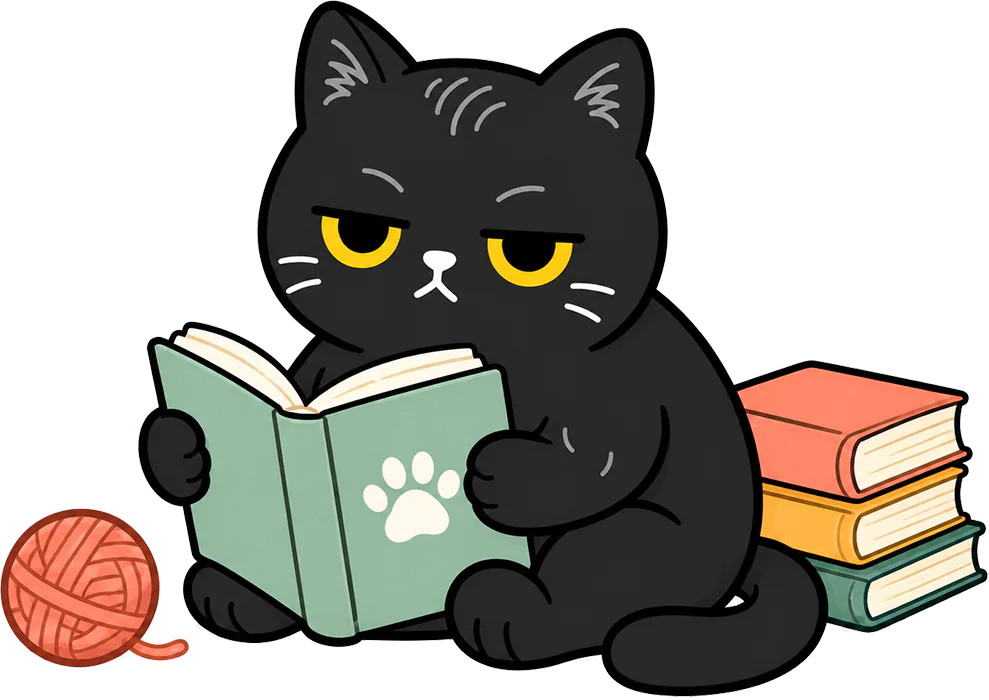 น้องแมวดำกำลังอ่านหนังสือข้างกองหนังสือและลูกไหมพรม