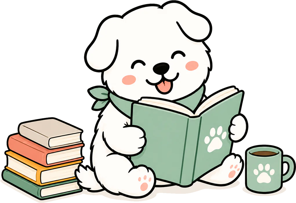 น้องหมาสีขาวกำลังอ่านหนังสือข้างกองหนังสือและแก้วน้ำ