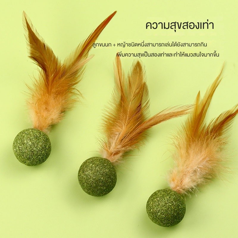 รูปสินค้า ลูกบอลขนนกแมว Catnip ของเล่นแมว คลายเครียด ขัดฟัน เคี้ยวสนุก