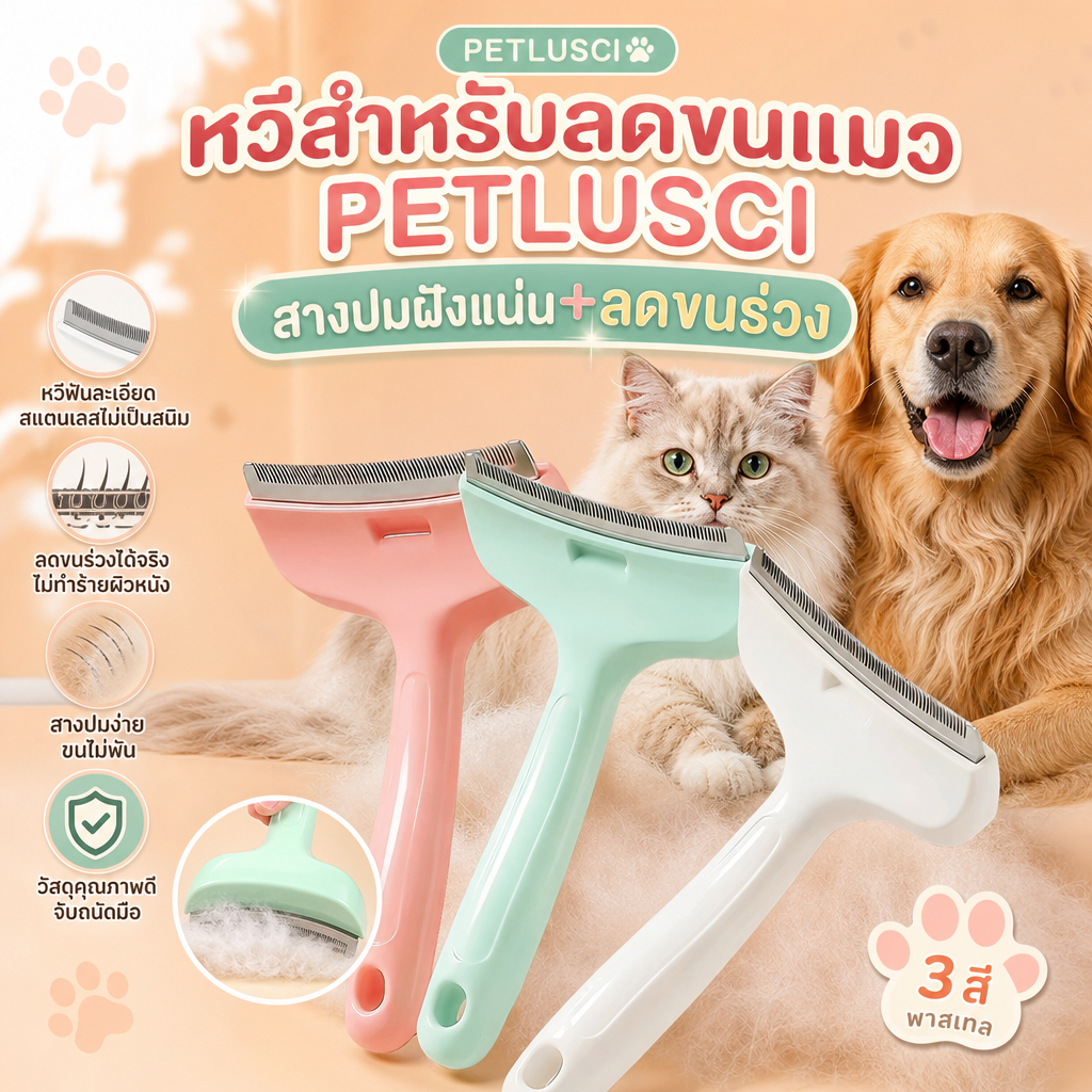 รูปสินค้า Petlusci หวีแปรงขนสัตว์เลี้ยง หวีแมว หวีสุนัข แปรงกำจัดขนร่วง สเตนเลส ซี่หวี ไม่บาดผิว