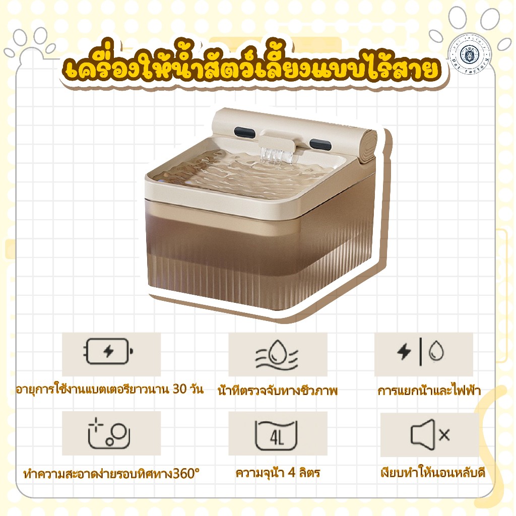 รูปสินค้า น้ำพุแมว รุ่นเหนี่ยวนำไร้สาย ทำความสะอาดง่าย ขนาดใหญ่ 4 ลิตร