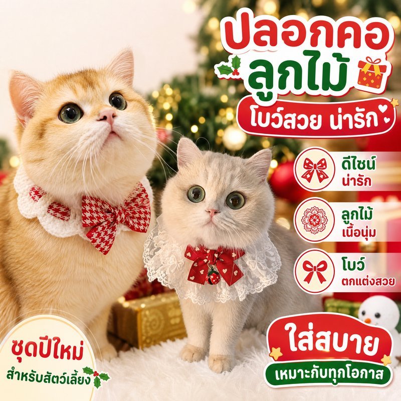 รูปสินค้า SKISOPGO ผ้าพันคอแมว ปลอกคอสัตว์เลี้ยง ผูกโบว์ ลูกไม้ เอี๊ยมแมว ชุดปีใหม่แมว สุนัขเล็ก