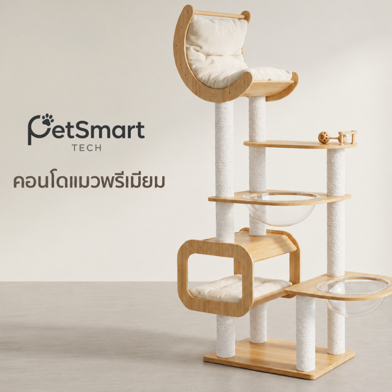 รูปสินค้า Bratvee.pet PetSmart คอนโดแมวไม้แท้ บ้านแมวพร้อมหลุมแคปซูลอวกาศใส 2 จุด ที่ลับเล็บแมว มินิมอล สำหรับแมวตัวใหญ่