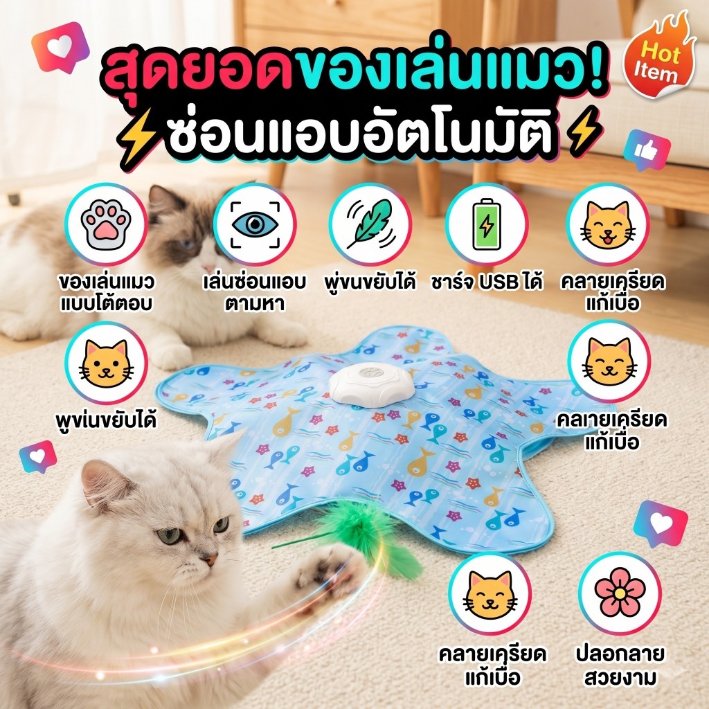 รูปสินค้า （ ） ของเล่นแมวแก้เบื่อที่ดีที่สุด เครื่องเล่นแมวอัตโนมัติ ซ่อนแอบขนนก+เสียงหนู