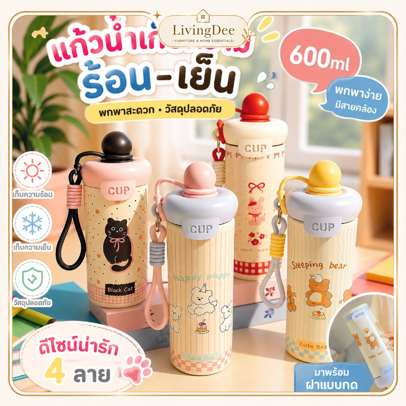 รูปสินค้า กระบอกน้ำสแตนเลส 316 เกรดอาหาร แก้วเก็บอุณหภูมิ ลายการ์ตูนหมี/แมวดำ 600 มล.
