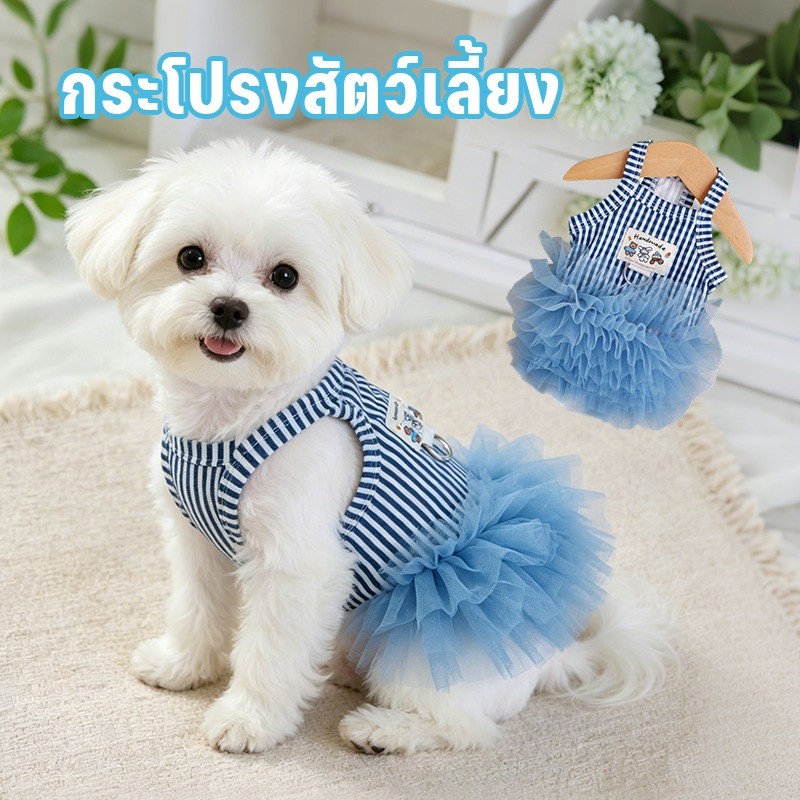 รูปสินค้า ชุดกระโปรงเจ้าหญิงสัตว์เลี้ยง สายเดี่ยวตาข่าย ลายทางสไตล์เกาหลี สำหรับหมาแมว แฟชั่น น่ารัก