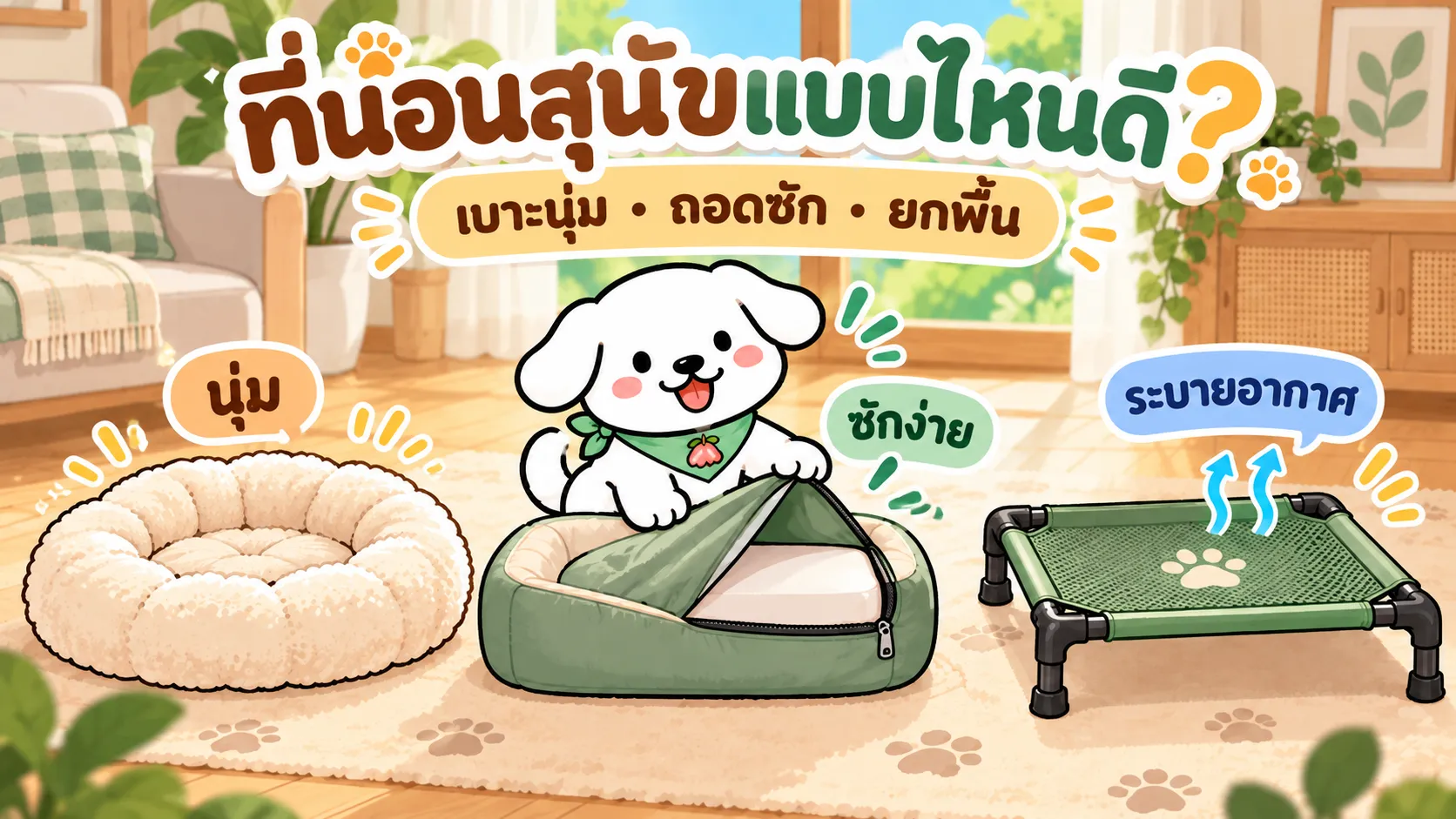 ภาพประกอบบทความ ที่นอนสุนัขแบบไหนดี? เทียบเบาะนุ่ม เบาะถอดซัก และที่นอนยกพื้น