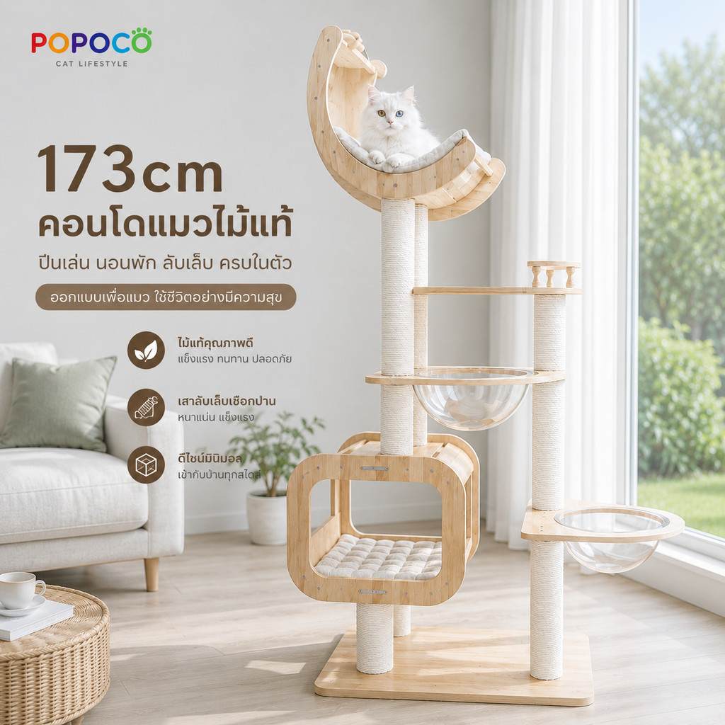 รูปสินค้า Bratvee.pet POPOCO คอนโดแมวไม้แท้ คอนโดแมวสูง บ้านแมวขนาดใหญ่ หลุมอวกาศใส 2 จุด เสาลับเล็บแมว คอนโดแมวมินิมอล Cat Tree