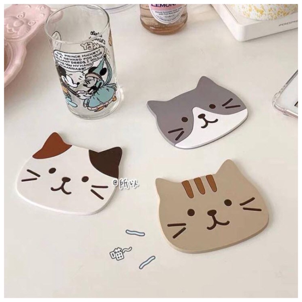 รูปสินค้า ที่รองแก้ว แมวเหมียว แผ่นรองแก้ว ทาสแมว ซิลิโคน รุ่นหนา Limited ลายน่ารัก 3D กันน้ำ