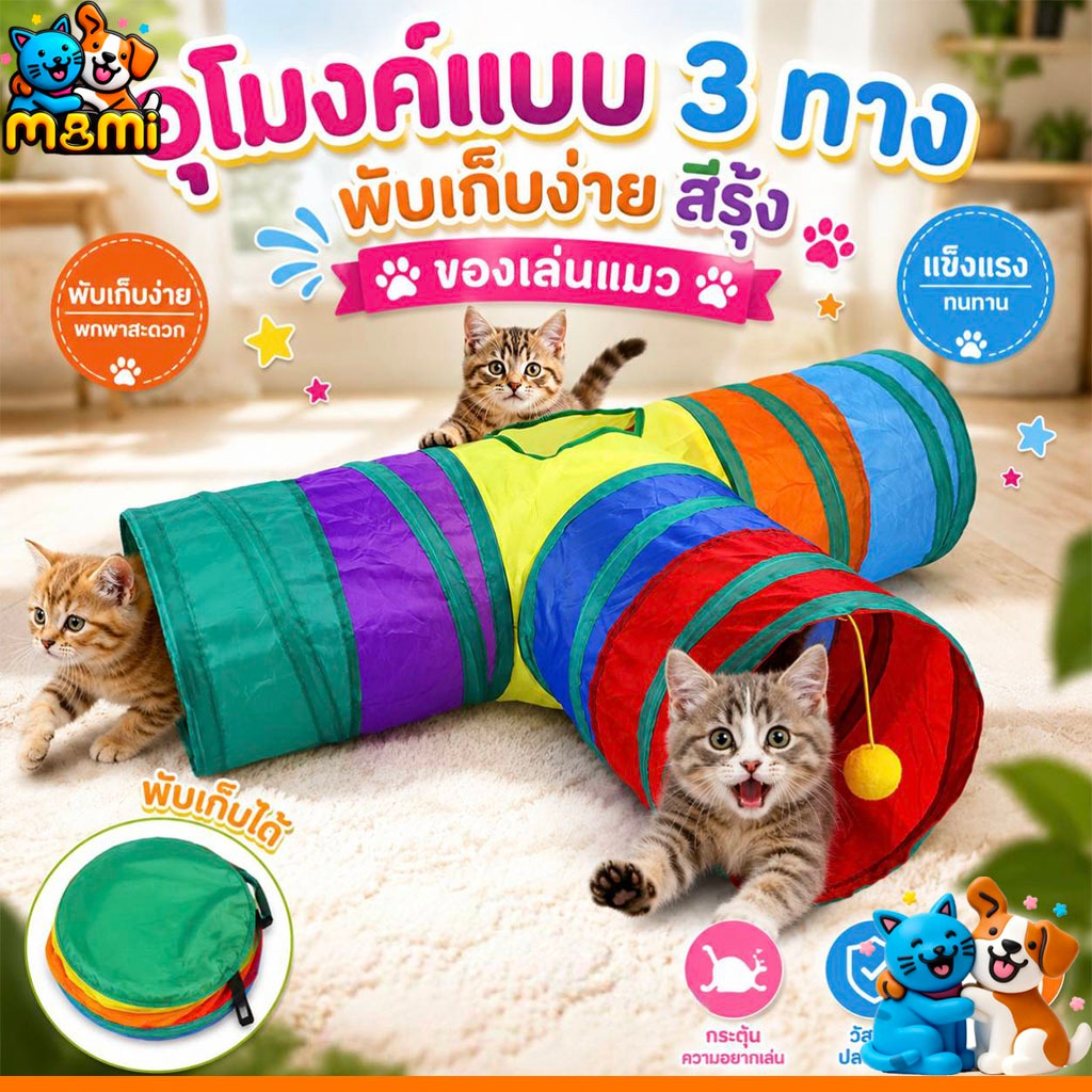 รูปสินค้า MI อุโมงค์แมว แบบ 3 ทาง อุโมงค์แมวพับเก็บได้ ของเล่นแมว CS-77T