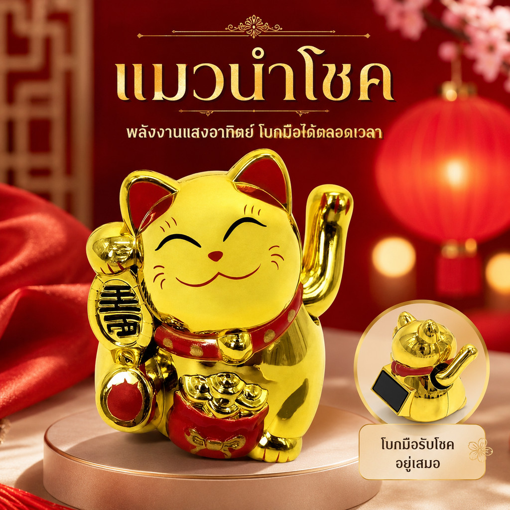รูปสินค้า แมวกวักนำโชค Lucky Cat พลังงานแสงอาทิตย์ ตกแต่งรถ ตั้งโต๊ะ ของขวัญ ฮวงจุ้ย - S00076