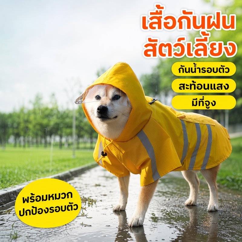รูปสินค้า เสื้อกันฝนสุนัข เสื้อกันฝนสัตว์เลี้ยง กันน้ำ สะท้อนแสง มีฮู้ด จูงได้ กันฝนเดินเล่น
