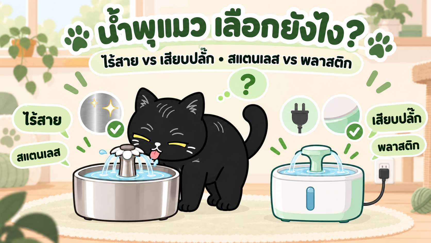 ภาพประกอบบทความ น้ำพุอัตโนมัติสำหรับหมาแมว เลือกยังไง? ไร้สาย vs เสียบปลั๊ก สแตนเลส vs พลาสติก