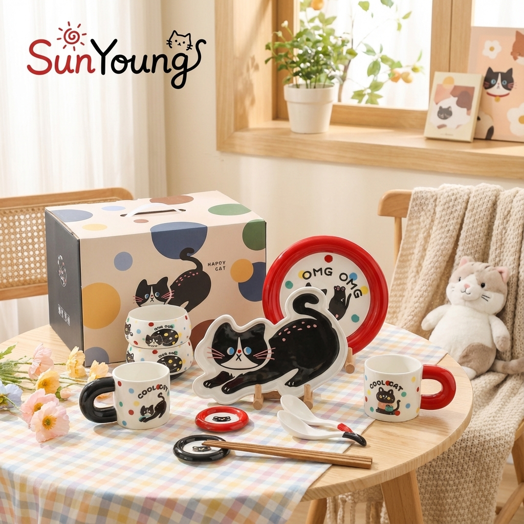 รูปสินค้า SunYoung ชุดจานชามเซรามิก ลายแมว ชุดทานข้าว ถ้วย แก้วน้ำ เข้าไมโครเวฟได้ พร้อมกล่อง