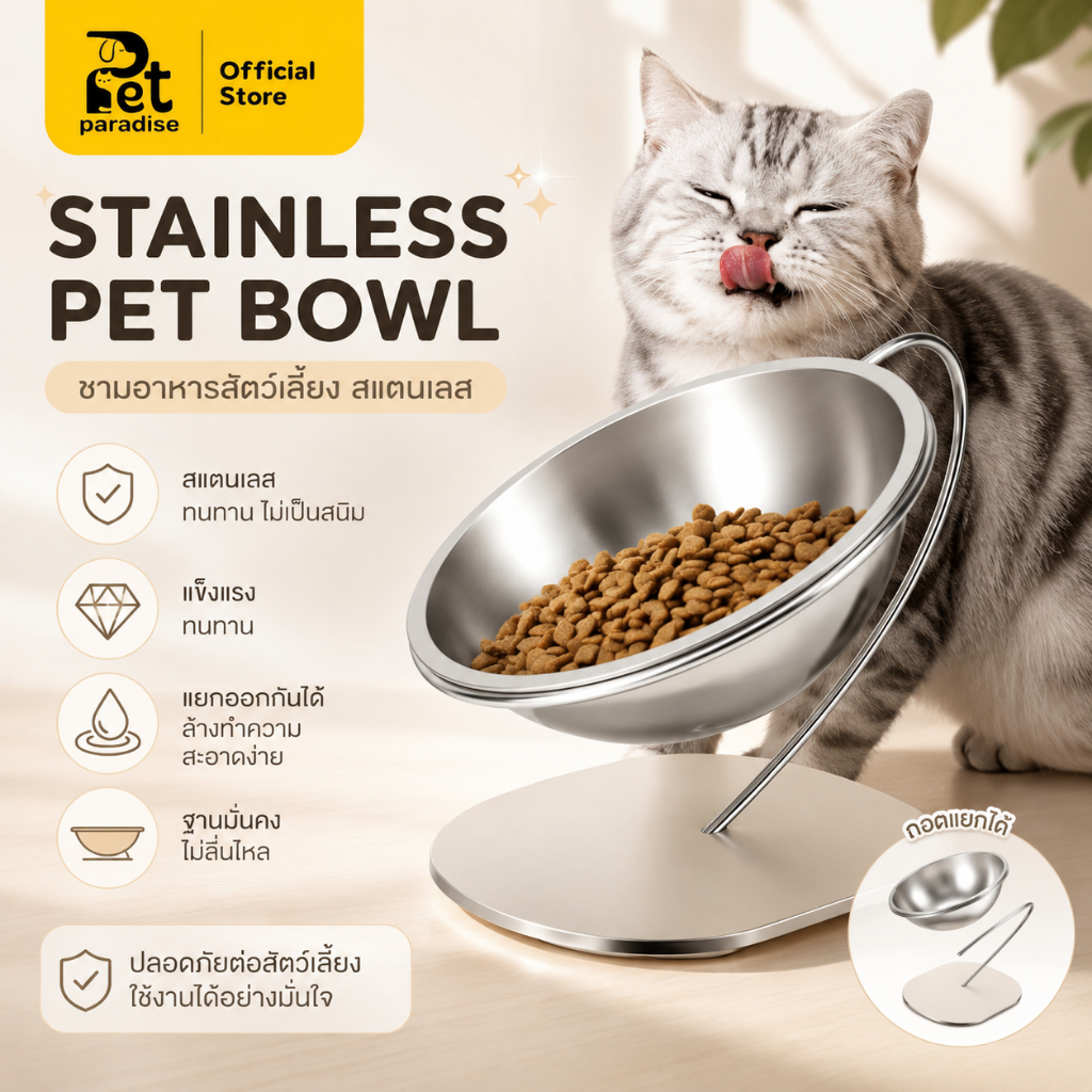รูปสินค้า PetParadise.th ชามอาหารสัตว์เลี้ยง ชามข้าวแมว สแตนเลสแท้ ชามยกสูง ฐานมั่นคง ชามเอียง 15 องศา