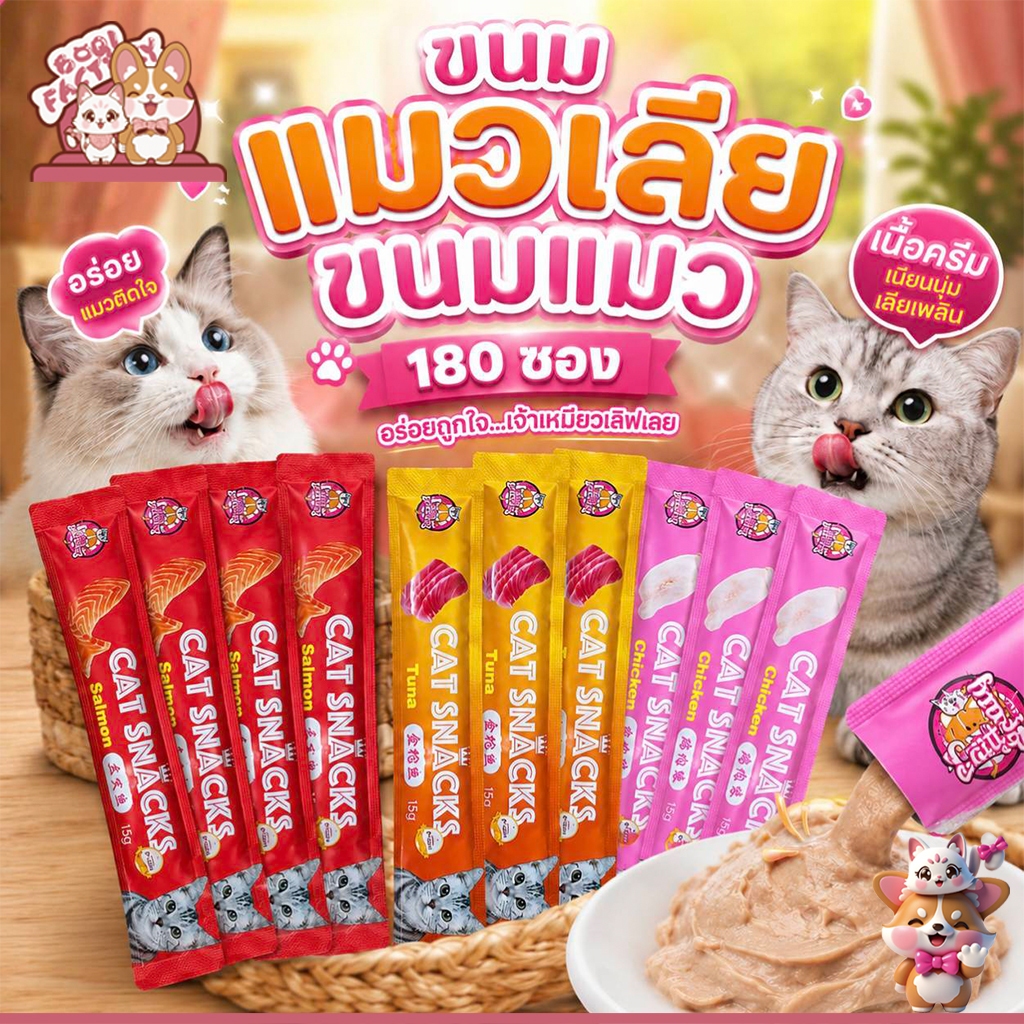 รูปสินค้า Boqi Factory ขนมแมว ขนมแมวเลีย สุดอร่อย มี180 ซอง มี Snacks180 15 กรัม จำนวน 1 ถุง