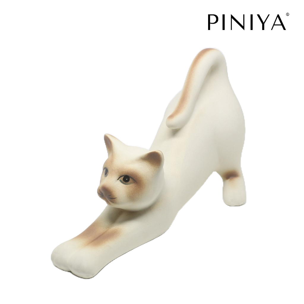 รูปสินค้า Piniya พินิยา - ของตกแต่งบ้าน รูปปั้น ตุ๊กตา แมว เซรามิก รุ่นแมวเหยียดขา ลายวิเชียรมาศ