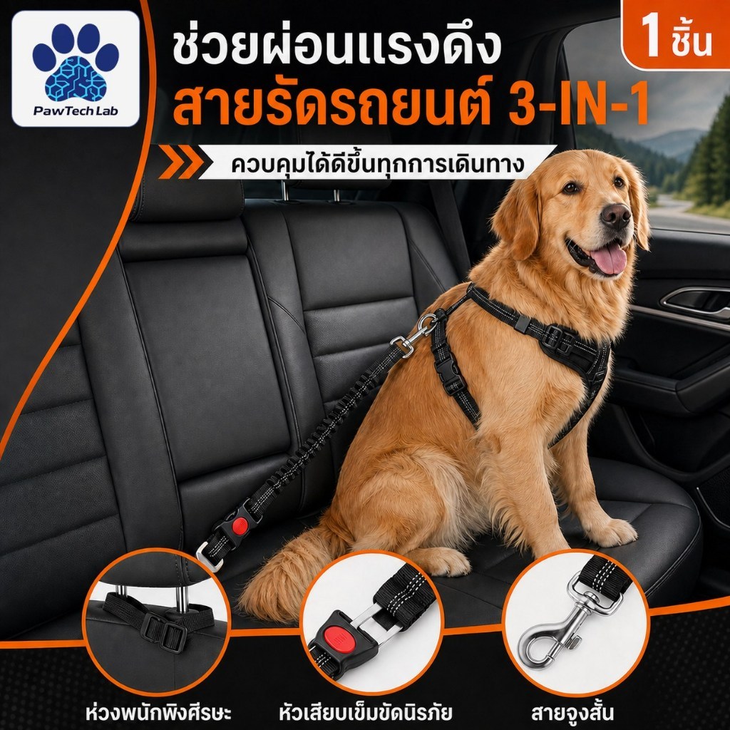รูปสินค้า PawTech Lab 3-in-1 Pet Car Seat Belt สายรัดสัตว์เลี้ยงในรถ Bungee Shock Absorbing Adjustable 360° Swivel Seatbelt Headrest Tether for Dogs Cats