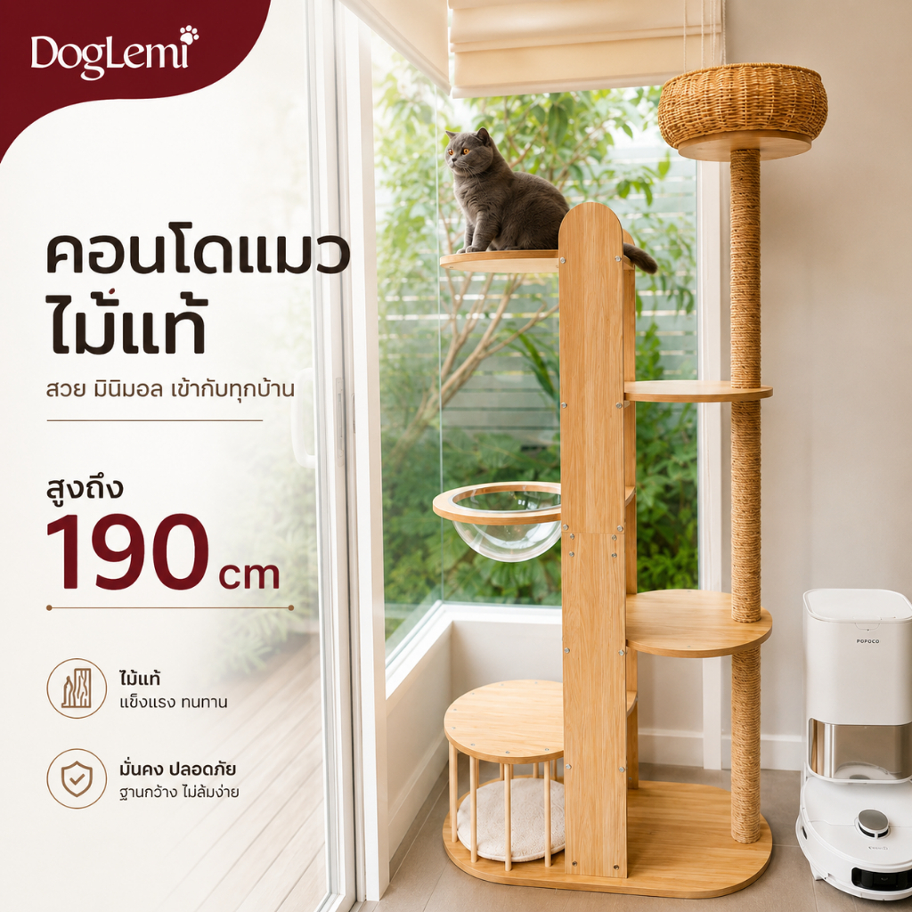 รูปสินค้า Bratvee.pet DogLemi คอนโดแมวใหญ่ 190 ซม. บ้านแมวสูง แมวหลายตัวใช้ได้ แมวอ้วนใช้งานได้ ไม้จริง โดมใส 360° ที่ลับเล็บ Cat Condo Luxury