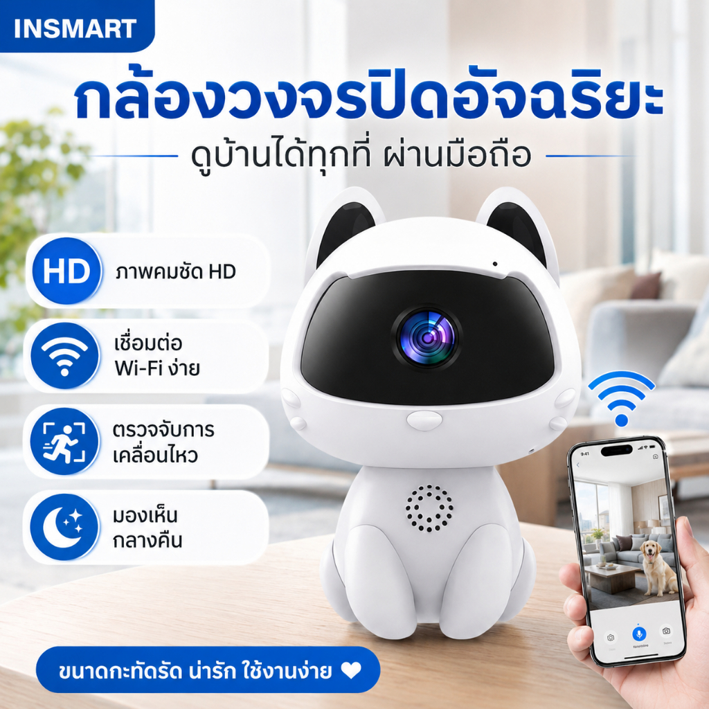 รูปสินค้า INSMART กล้องวงจรปิด WiFi HD ดูผ่านมือถือ กล้องดูเด็ก/สัตว์เลี้ยง Night Vision เสียงสองทาง