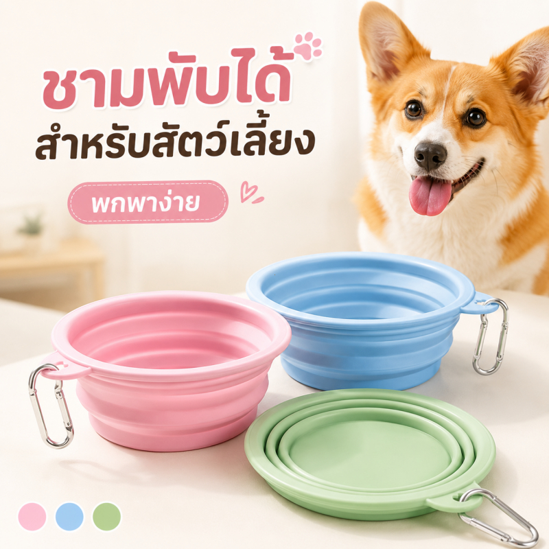 รูปสินค้า ชามซิลิโคนพับได้ ชามอาหารสัตว์เลี้ยง แบบพกพา พร้อมห่วงคล้อง ใส่น้ำอาหาร 350 มล.