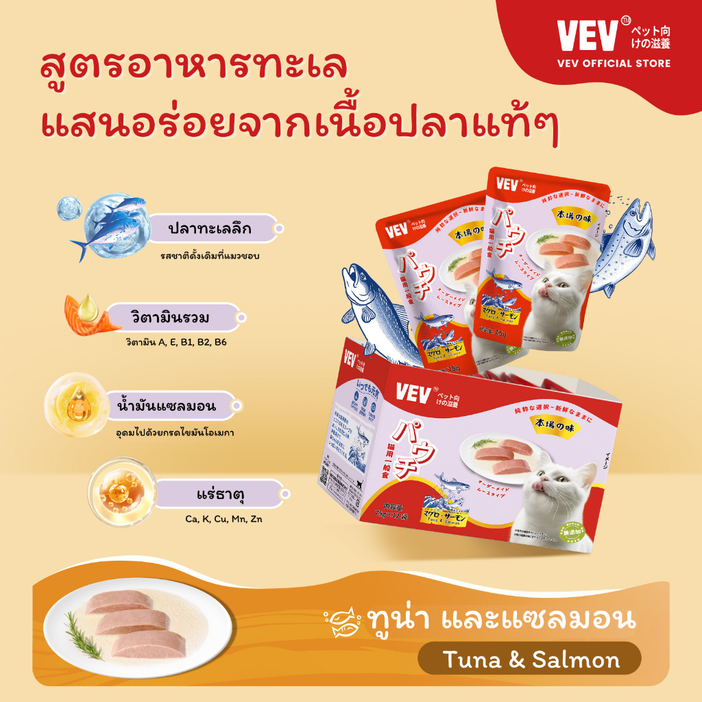 รูปสินค้า COUCOU คูคู VEVอาหารเปียกแมวโภชนาการระดับไฮเอนด์นำเข้าจากญี่ปุ่น รสทูน่า ไก่ 12 ซอง