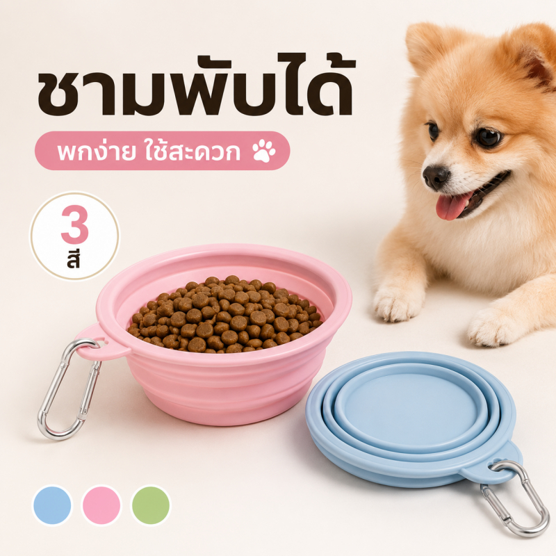 รูปสินค้า ชามซิลิโคนพับได้ ชามอาหารสัตว์เลี้ยง แบบพกพา พร้อมห่วงคล้อง ใส่น้ำอาหาร 350 มล.