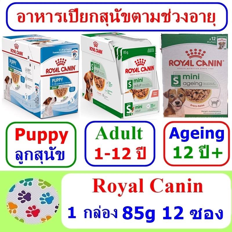 รูปสินค้า Royal Canin Mini Puppy/Adult/Ageing 12 ซอง อาหารเปียกสุนัขพันธุ์เล็ก มีสูตร Puppy / Adult / Ageing ให้เลือก 85 กรัม จำนวน 1 กล่อง